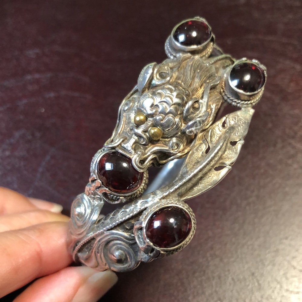 Dragon Sterling Silver Red Gemstone Bracelet Vintage Bangle Fantasy Garnet